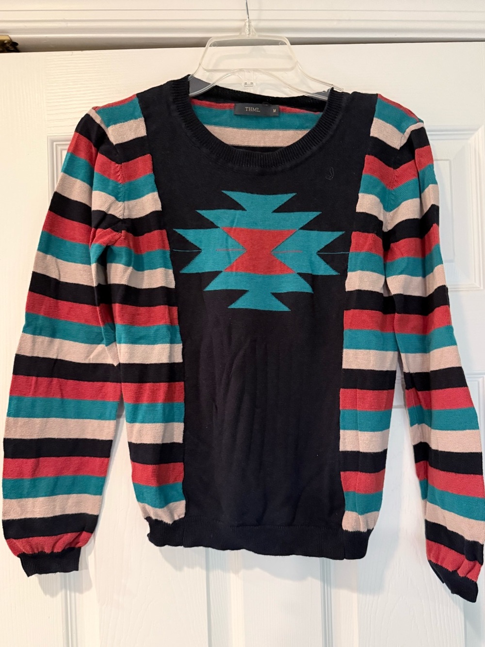 THML Black Crewneck Sweater with Teal & Red Aztec Motif